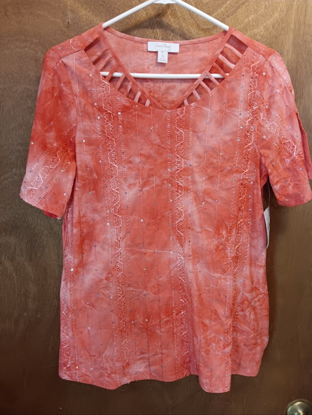 Coral Bay Coral Cutout Neck Short-Sleeve Tunic with Embellishment